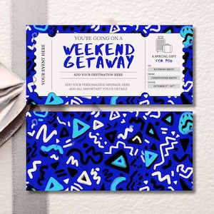 Weekend Getaway Gift Voucher, Editable Travel Gift Certificate, Printable Trip Away Coupon, Birthday Weekend Away Ticket, 80&#39;s Vibe Theme