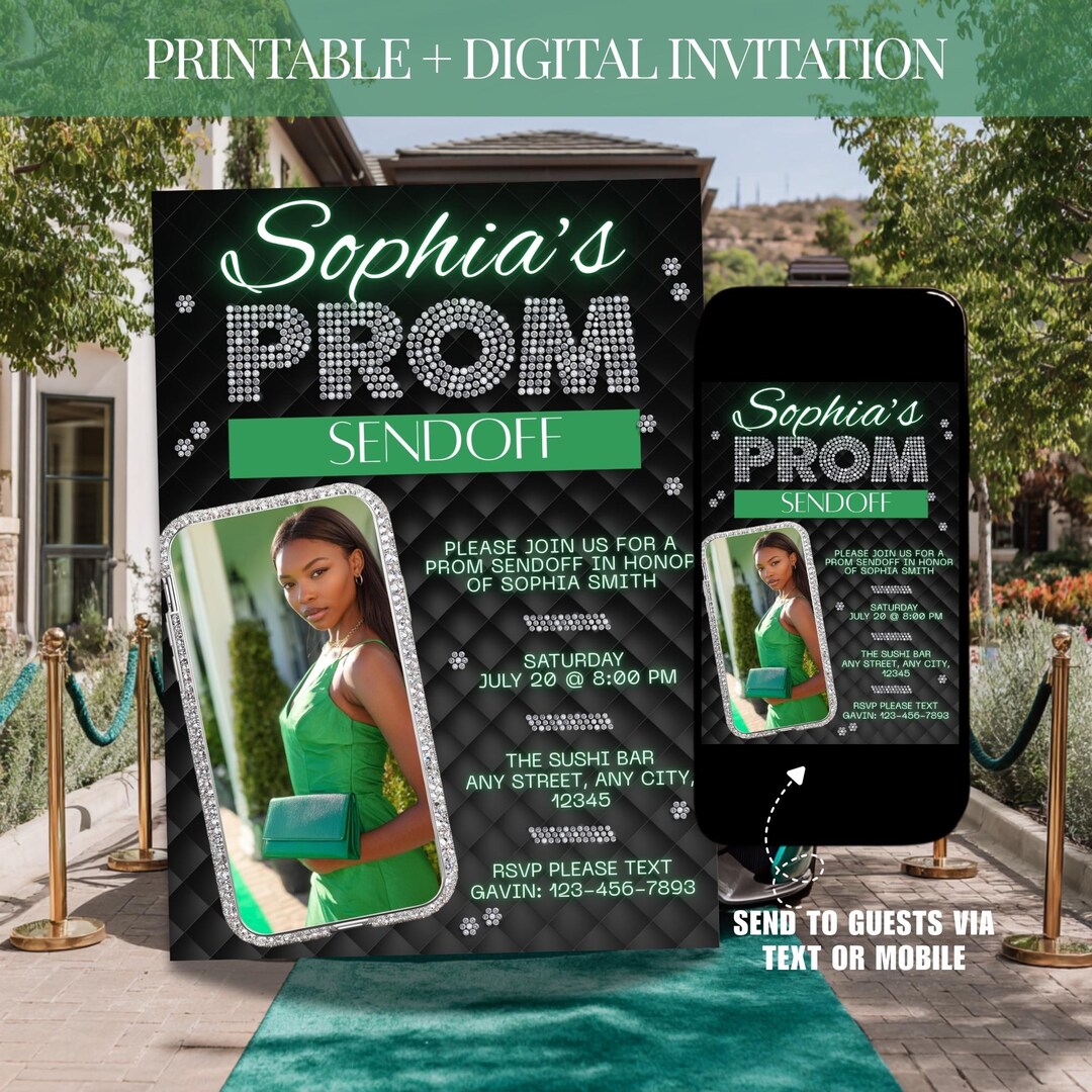 Green Prom Send off Invitation, Printable Glam Prom Party Invite Flyer ...