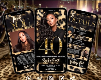 40th Leopard Birthday Digital Invitation | Animated Gold Black Evite | Editable Phone Text Invite for Women | Instant Download