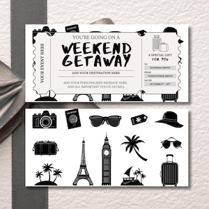 Surprise Weekend Getaway Ticket Template, Printable Vacation Gift Voucher, Editable PDF Coupon