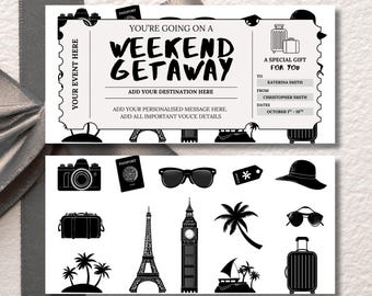 Überraschungs-Wochenendausflugsticket-Vorlage, druckbarer Urlaubsgeschenkgutschein, bearbeitbarer PDF-Coupon
