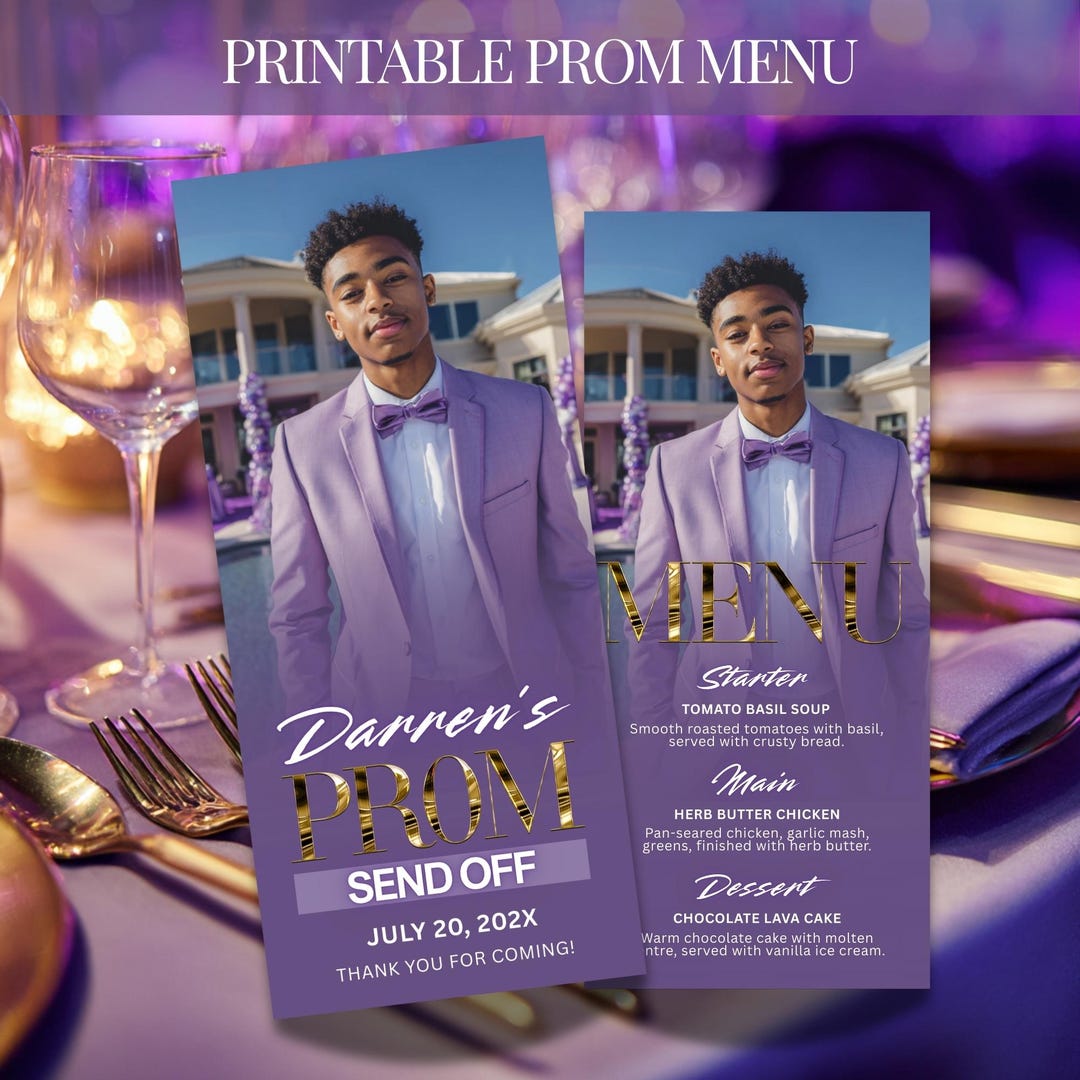 Prom Menu Italian Customizable Prom Menu, Purple and Gold Canva Template, Dinner Table ...