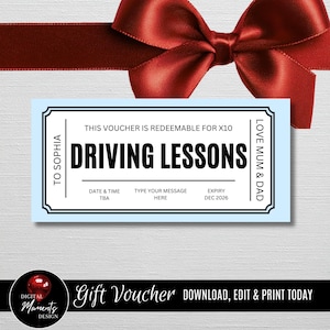 May include: A light blue gift voucher with black text that reads "DRIVING LESSONS". The voucher is framed with a black border and includes the text "TO SOPHIA" and "LOVE MUM & DAD". A red bow is in the background.