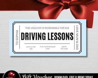 Driving Lesson Gift Voucher, Editable Driving School Certificate, Printable Learn to Drive Ticket, Boys Teen Gift Idea