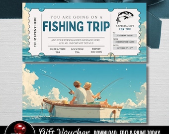 Könnte beinhalten: Ein Gutschein für einen Angelausflug mit blau-weißem Design. Der obere Teil enthält den Text "YOU ARE GOING ON A FISHING TRIP". Der untere Teil zeigt ein Paar beim Angeln von einem Boot aus.