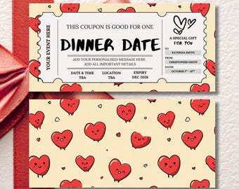 Custom Dinner Date Gift Voucher, Elegant Date Night Coupon, Printable Romantic Ticket, Date Idea Card, Heart Theme Editable Template