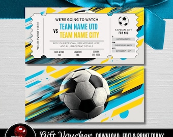 Wydrukowany bon upominkowy na bilet na mecz piłki nożnej, edytowalny kupon na mecz piłki nożnej, niespodziewany certyfikat urodzinowy na stadion, żółty szablon świąteczny