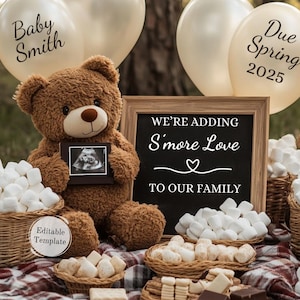 Digital Smore Teddy Bear Pregnancy Announcement, Social Media Baby Gender Reveal, Gender Neutral Camping Baby, Editable Printable Template