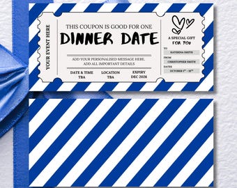 Custom Dinner Date Gift Voucher, Elegant Date Night Coupon, Printable Romantic Ticket, Date Idea Card, Blue Theme Editable Template