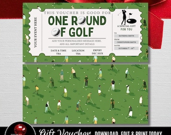 Printable Golf Ticket Template, Instant Download Coupon, Editable One Round Of Golf Gift Voucher, Digital Green Golf Certificate Design