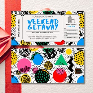 Weekend Getaway Gift Voucher, Editable Travel Gift Certificate, Printable Trip Away Coupon, Birthday Weekend Away Ticket, 70s 80s Theme
