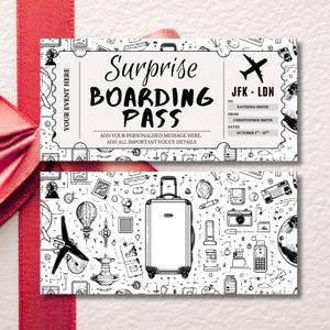 May include: Two black and white boarding passes with the text "Surprise BOARDING PASS". The passes include a plane graphic, a suitcase, and other travel-related illustrations. The passes are personalized with names and dates.