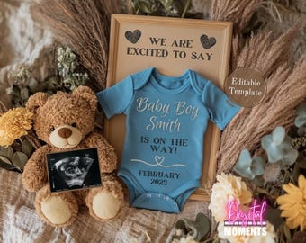Digital Boho Boy Pregnancy Announcement, Were Having A Baby, Floral Social Media Blue Gender Reveal, Printable Baby Boy Announcement Flyer
