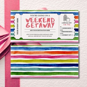 Weekend Getaway Gift Voucher, Editable Travel Gift Certificate, Printable Trip Away Coupon, Birthday Weekend Away Ticket, Rainbow Theme
