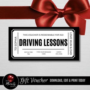 May include: A black and white gift voucher for driving lessons, with text that reads "Driving Lessons". The voucher includes fields for date, message, and expiry date. A red bow is in the background.