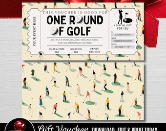 Printable Golf Ticket Template, Instant Download Coupon, Editable One Round Of Golf Gift Voucher, Digital Elegant Golf Certificate Design
