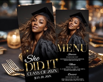 Menu Greeting Graduation Gold Graduation Menu Template, Editable Printable Dinner Card, Grad ...