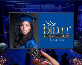 Graduation TV Frame Display Template, Blue Class of 2026 Screen Sign, Editable Navy Digital Welcome Display, Instant Download