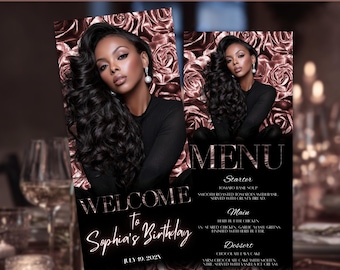 Birthday Menu Template | Rose Gold Menu Card | Glam Party Dinner Menu | Editable Printable Table Decor | Instant Download