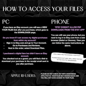 May include: Black graphic with white text providing instructions on how to access digital files purchased on Etsy. Instructions are provided for PC, Phone, and Apple ID users. The image also includes a speech bubble with contact information.