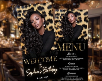 Leopard Birthday Menu Template | Gold Black Glam Dinner Menu Card | Printable Editable Table Decor | Instant Download
