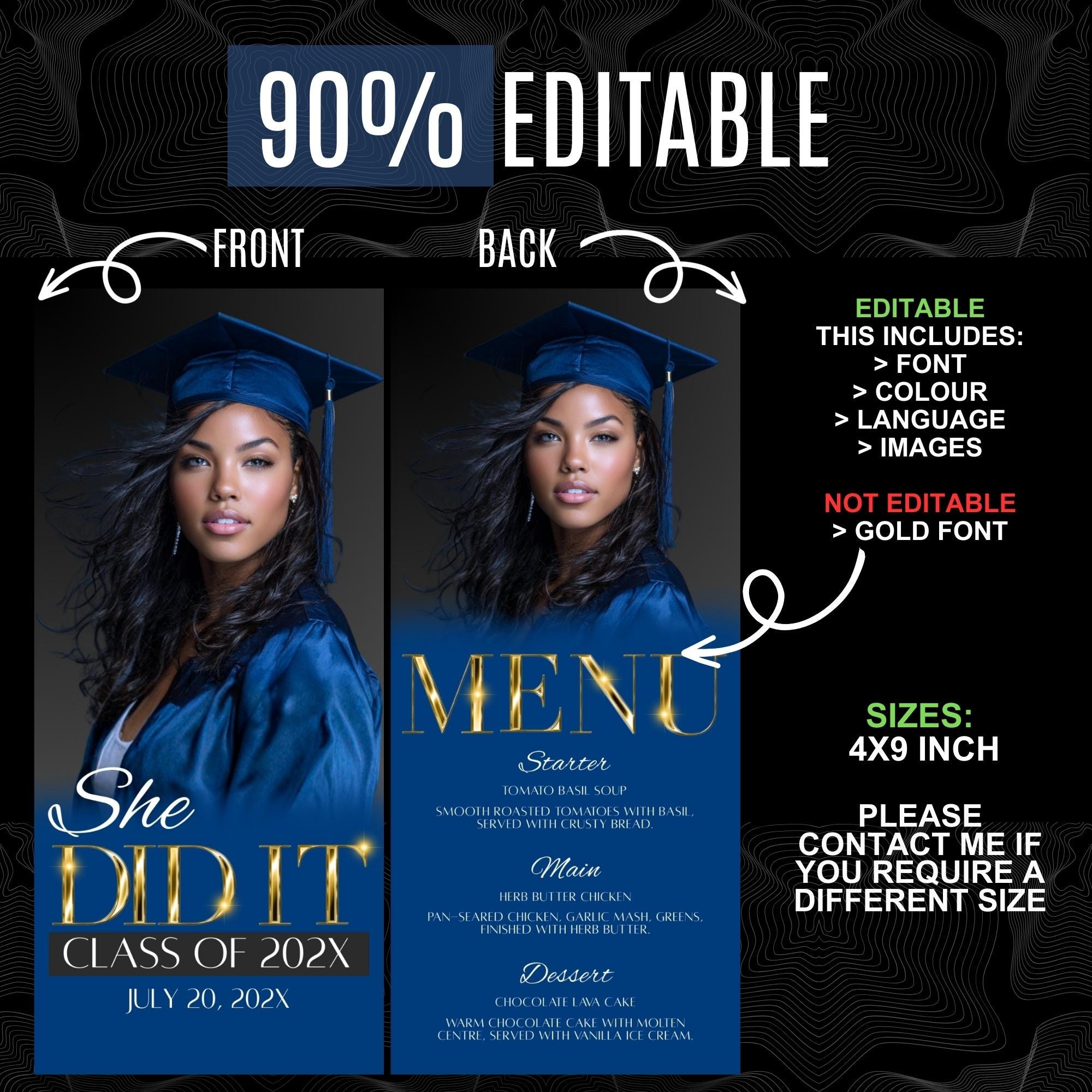 Graduation Menu Template, Blue Editable Printable Dinner Card, Navy ...