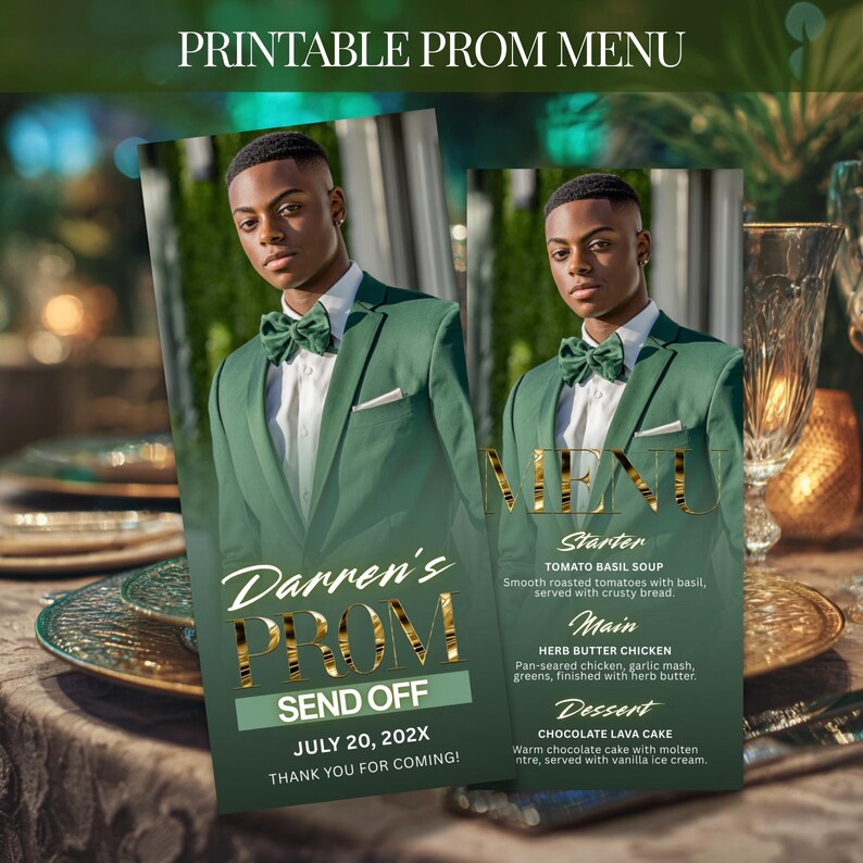 Prom Menu Italian Customizable Prom Menu, Green and Gold Canva Template, Dinner Table ...