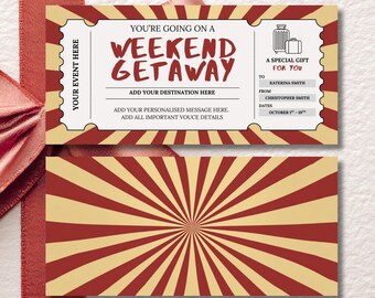 Weekend Getaway Gift Voucher, Editable Travel Gift Certificate, Printable Trip Away Coupon, Birthday Weekend Away Ticket, Red 80s Theme