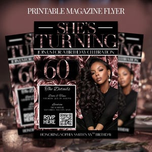 May include: A printable magazine flyer for a 60th birthday celebration. The design features a black background with rose gold text and accents. The flyer includes details such as date, time, location, and an RSVP section. A photo of a woman is also included.
