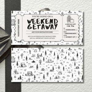 Weekend Getaway Gift Voucher, Editable Travel Gift Certificate, Printable Trip Away Coupon, Birthday Weekend Away Ticket, Camping Theme