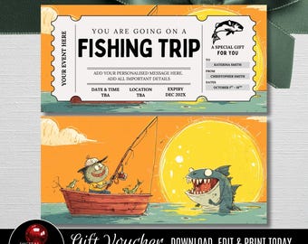 Könnte beinhalten: Ein Geschenkgutschein für einen Angelausflug mit einer Cartoon-Illustration. Der Gutschein trägt den Text "YOU ARE GOING ON A FISHING TRIP" und "A SPECIAL GIFT FOR YOU". Die Illustration zeigt ein Boot mit einem Fischer und einem großen Fisch.