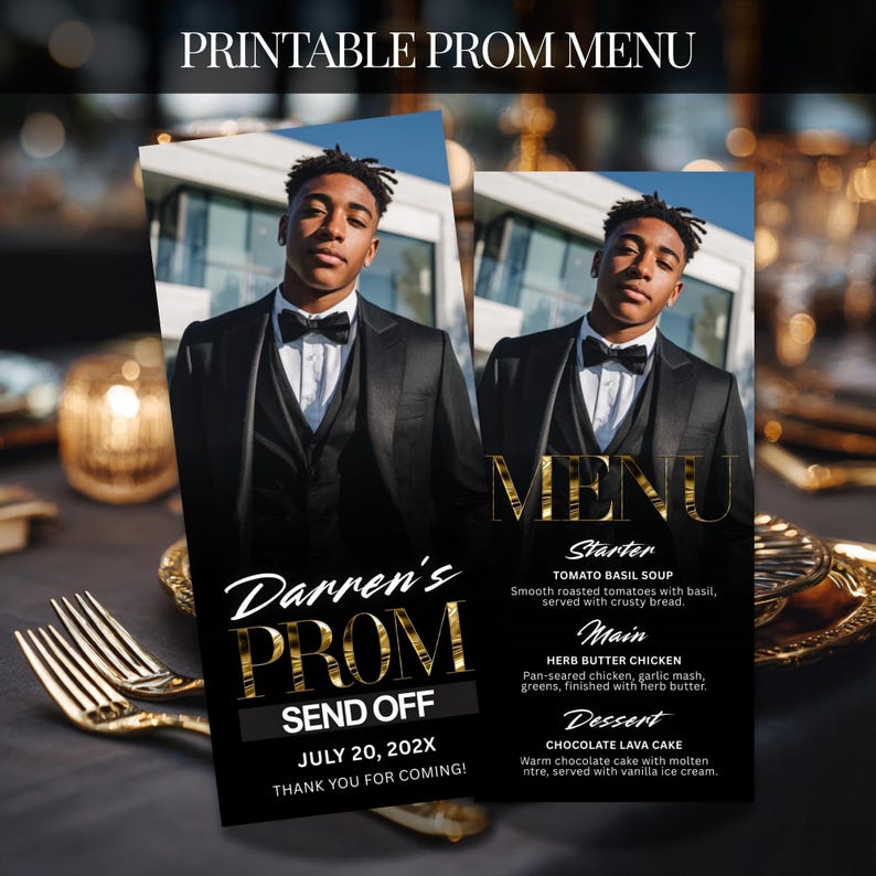 Prom Chicken Customizable Prom Menu, Black and Gold Canva Template, Dinner Table ...