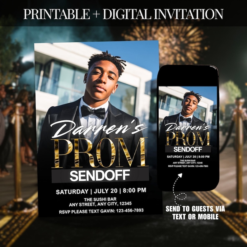 Prom Send off Invitation, Black Gold Printable Boys Flyer Template ...