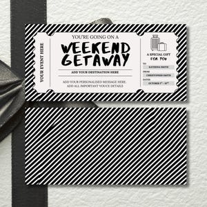 Weekend Getaway Gift Voucher, Editable Travel Gift Certificate, Printable Trip Away Coupon, Birthday Weekend Away Ticket, Black White Theme