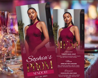 Prom Menu Printable, Editable Dinner Menu Card Maroon Red Gold, Formal Dance Table Decor, Instant Download Template