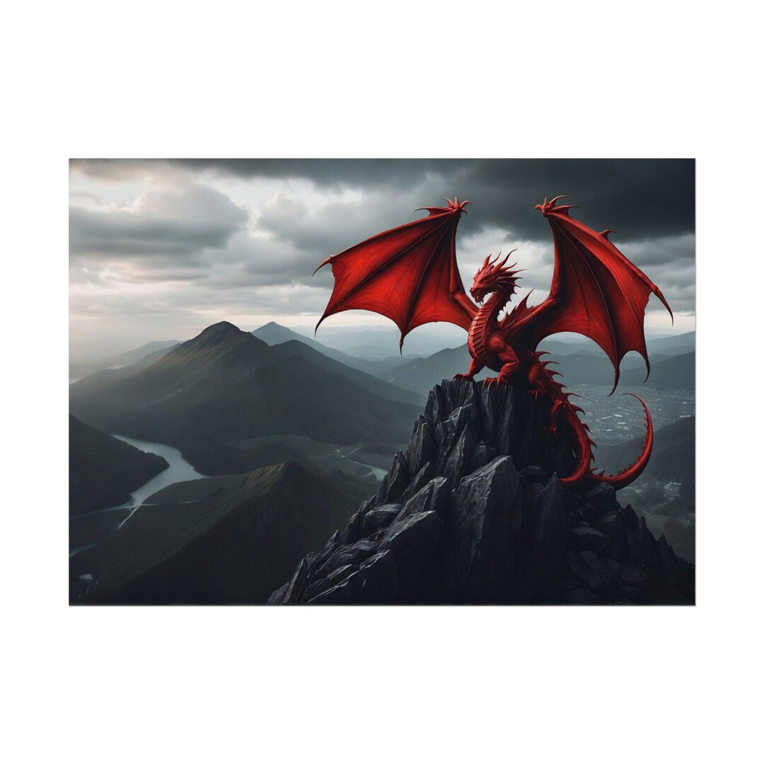 Red Dragon on a Dark Mountain Art Print, Wall Decor, Fantasy Poster ...