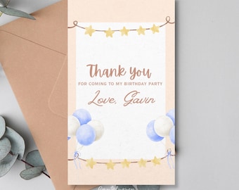 Plantilla de etiqueta de agradecimiento de cumpleaños, etiqueta de recuerdo con globo azul, tarjeta de agradecimiento editable en Canva, etiqueta de regalo de cumpleaños imprimible, fiesta de cumpleaños de niño