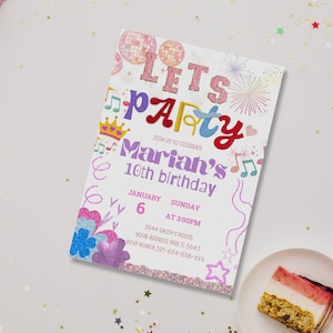 Let's party Letter patch party birthday invitation Sequence Editable template Kids Girls invitation Fun Party Glitter invite Sparkle