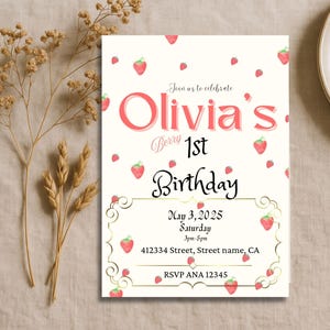 Invitation modifiable aux fraises, premier anniversaire, fraises, invitation aux fraises rouges, produits numériques d'invitation d'anniversaire