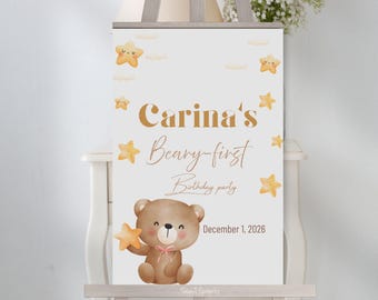 Beary First Birthday Welcome Sign Template, Teddy Bear Birthday Welcome Board, Editable Canva Sign, Neutral Baby Birthday Decor