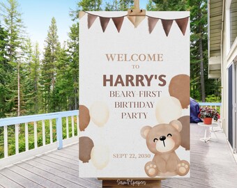 Teddy Bear First Birthday Welcome Sign Template, Beary First Birthday Sign, Editable Canva Welcome Board, Neutral Bear Party Decor, Digital