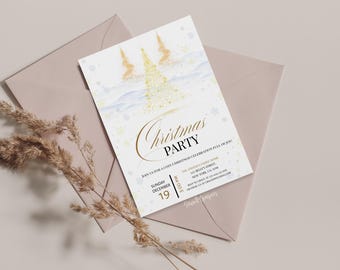 Elegant Christmas Party Invitation, Winter Wonderland Christmas Invite, Gold Blue Holiday Party, Christmas Dinner, Editable Canva Template