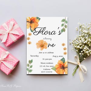 Hibiskus Blumen Geburtstagseinladung, Blumen, Mädcheneinladung, Blumen, digitale Produkte, editierbare Vorlage sambg0005