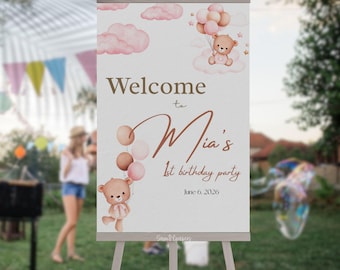 Beer thema verjaardag welkomstbord, roze teddybeer partij poster, eerste verjaardag welkomstbord bewerkbare sjabloon, afdrukbare