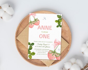 Strawberry First Birthday Invitation Template, Berry First Birthday Invite, Editable Canva Invitation, Pink Strawberry Party
