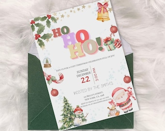 May include: A white Christmas party invitation card featuring the text HO HO HO! and illustrations of a gold bell, holly, candy canes, ornaments, a gift, a snowman, and Santa Claus. The card includes event details for Sunday, December 22 at 3:00 PM.