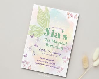 Fairies birthday invitation, Magical birthday, First birthday invitation, Fairies, Fairy birthday party,  Digital products, Canva