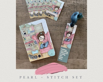 Pearl + Stitch: Knitting Duo | Gridded Notebook + Double-Sided Bookmark + 5 Bookplates