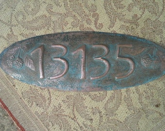 Hammered Copper House Number Sign with patina and blackberries.