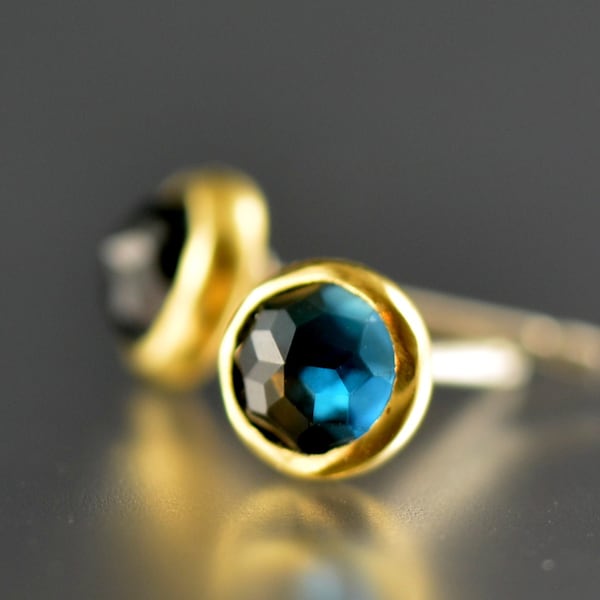 Blue Topaz Studs - London Blue Topaz Posts - 18 KT Gold Gem Stone Studs - Blue Gem Gold Posts - Rose Cut Topaz Studs - Rose Cut Gem Studs